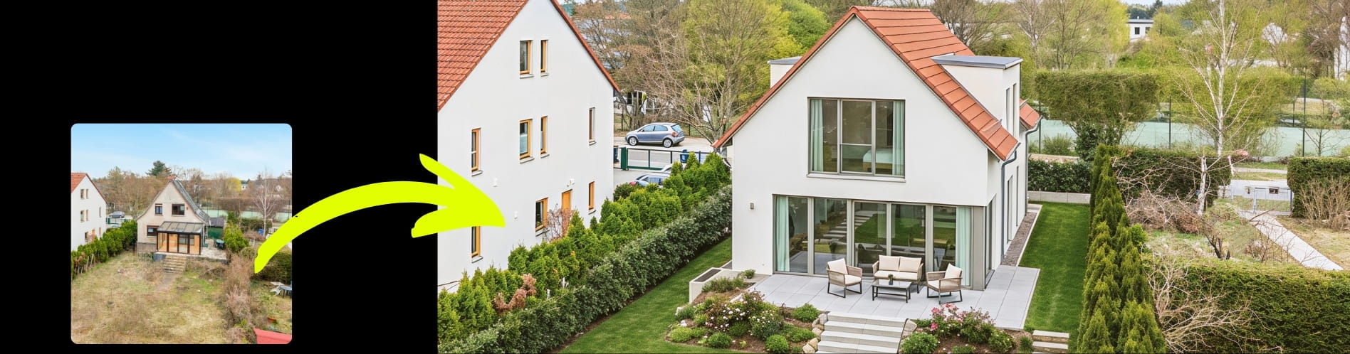 Links zeigt ein kleines Originalfoto ein unrenoviertes Haus mit verwildertem Garten. Ein markanter gelber Pfeil führt zur großformatigen fotorealistischen 3D-Visualisierung auf der rechten Seite: Das Grundstück präsentiert sich nun als modernes Einfamilienhaus mit weißer Putzfassade, großzügigen Glasfronten, einer stilvollen Terrasse mit Lounge-Möbeln und gepflegtem, grünem Rasen.